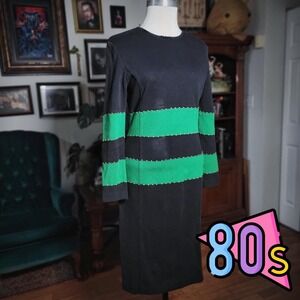 Vintage 80s Adrienne Vittadini Dress Black Green Studded Knit‎ Cotton Womens 4